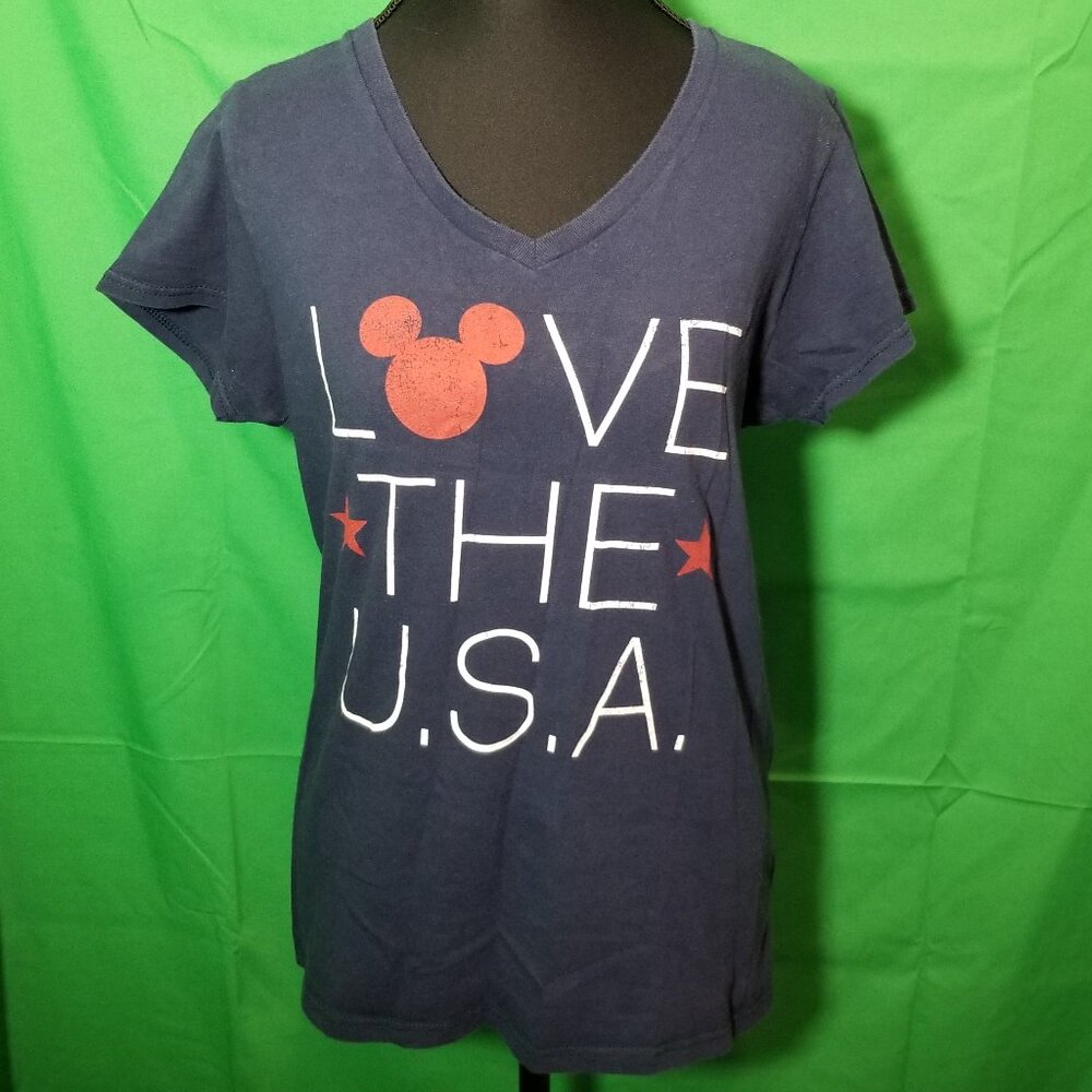 Disney Parks Love The USA Navy V Neck T-Shirt Womens Medium Mickey Mouse Minnie